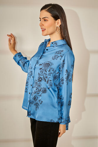 Blue and Black Floral Round Neck Top, Blue, image 5